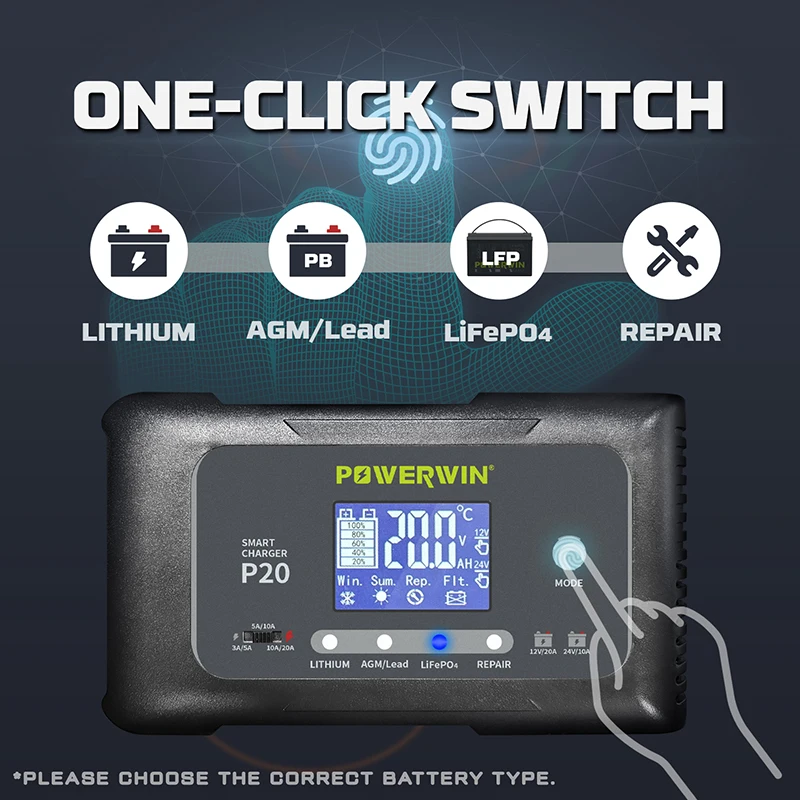 POWERWIN P20 20A Smart Battery Charger 12V20A 24V10A Automatic for BT100 BT200 LiFePO4 AGM Lithium Lead-Acid Pulse Repair LCD