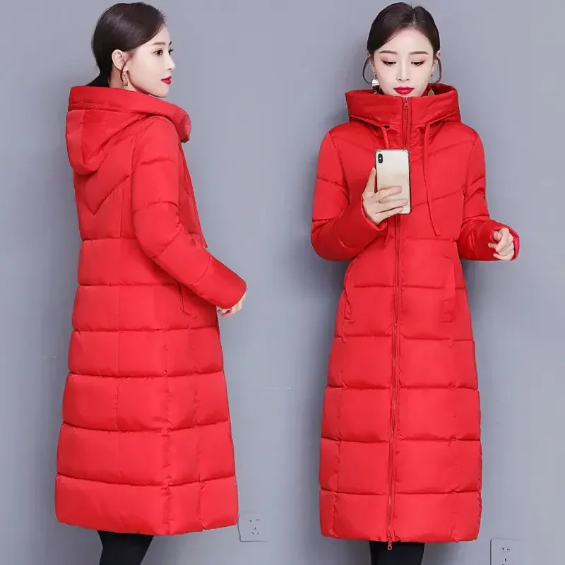 Parkas longas com capuz à prova de vento, sobretudo elegante, casacos acolchoados quentes, casacos grandes finos, algodão coreano, neve, inverno, 5XL