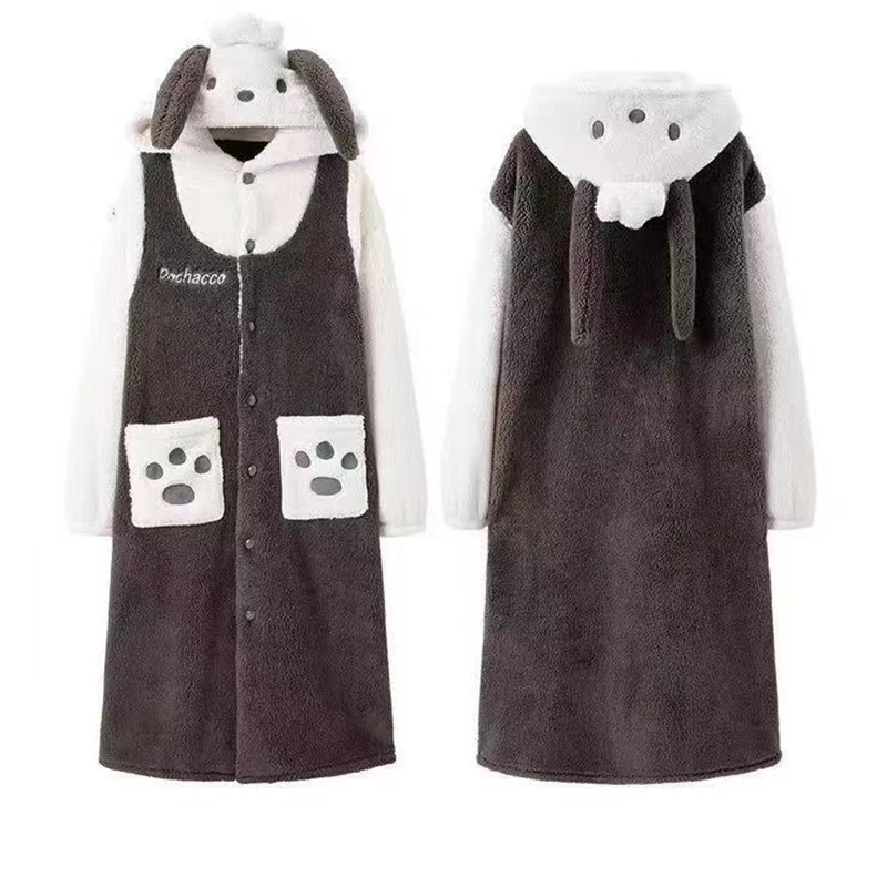 Adult Dog Kigurumi Women Men Cartoon Animal Cosplay Costume Winter Pajamas Set Hooded Couple Funny Party Nightgown Suit Nighties