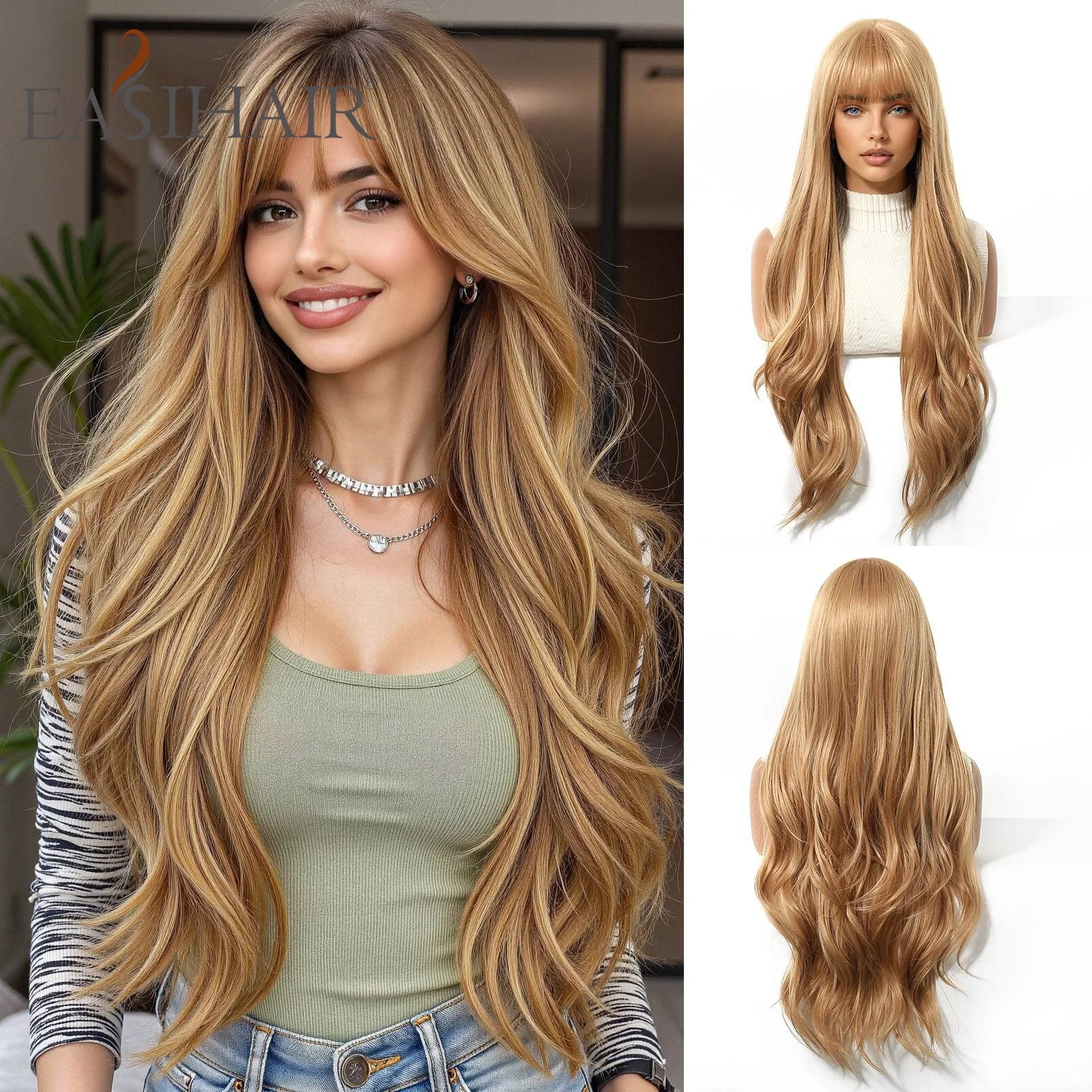 Long Wavy Blonde Honey Brown Ombre Synthetic Wig with Bangs Heat Resistant Natural Looking Soft Hair for Women Daily Cosplay