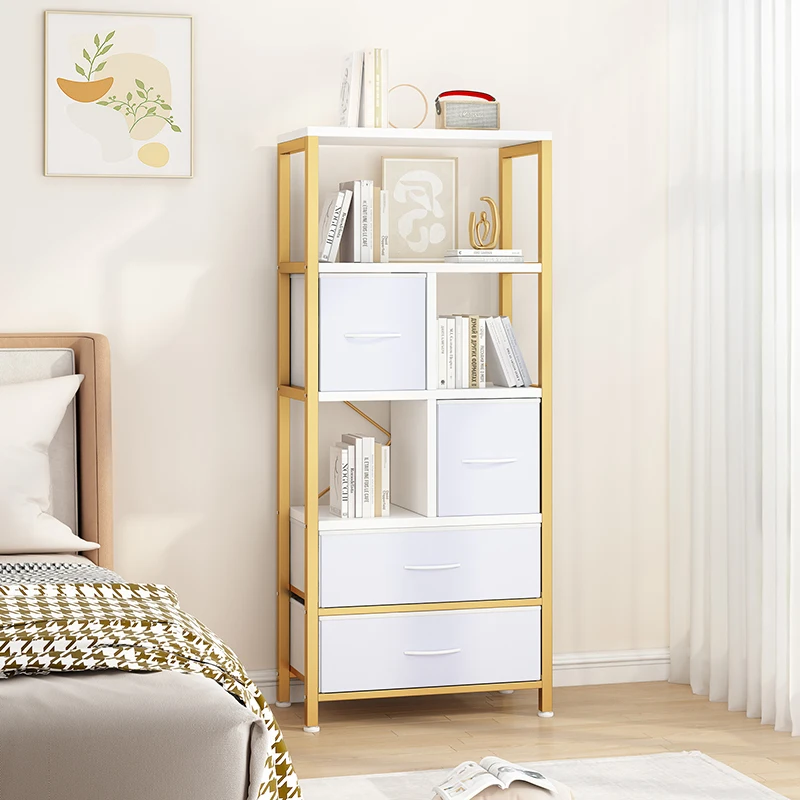 5 layers with 4 drawers bookshelf particle board iron frame non-woven fabric 60*30*147cm gold frame white plate