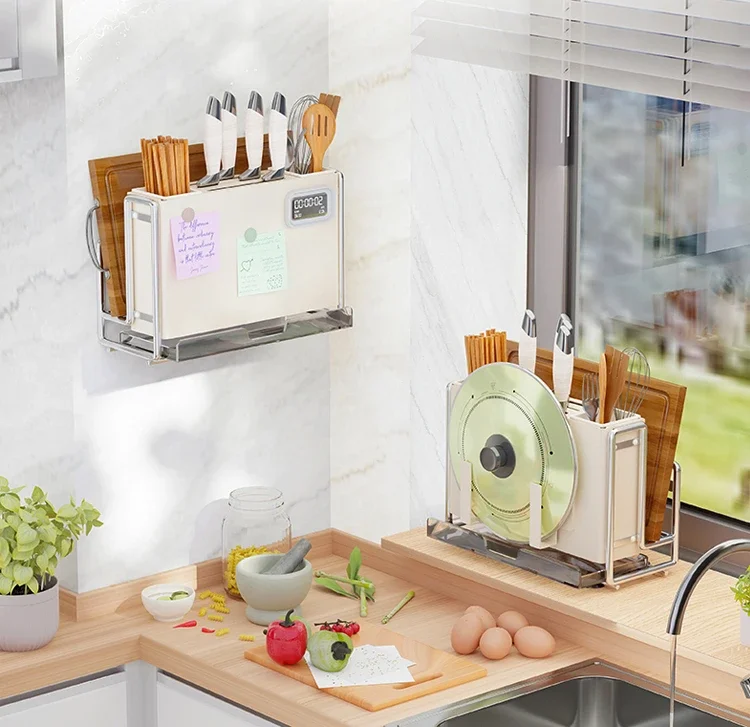 countertops, multifunctional kitchen utensils, wall mounted cutting boards, storage racks, multi-layer pot cover racks