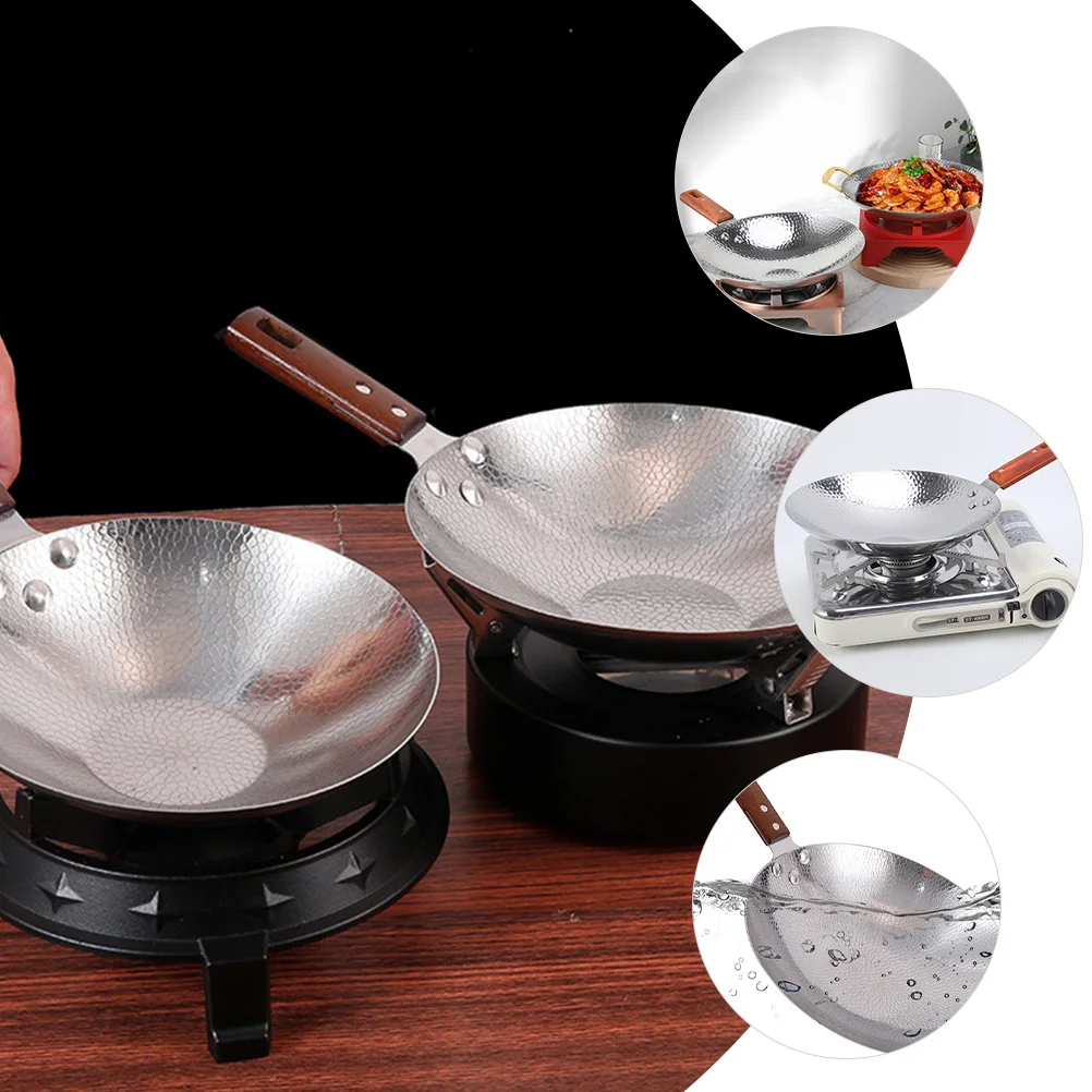 

Stainless Steel Wok Pan Multi Functional Nonstick Wooden Handle for Various Cooking Methods Home and Outdoor Use
