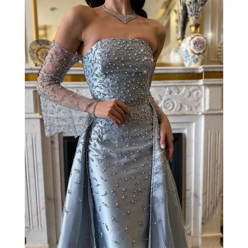 Vestidos de graduación sin tirantes de lujo para mujer, vestidos de fiesta formales con cuentas y lentejuelas hasta el suelo, vestidos de noche plisados de Arabia Saudita