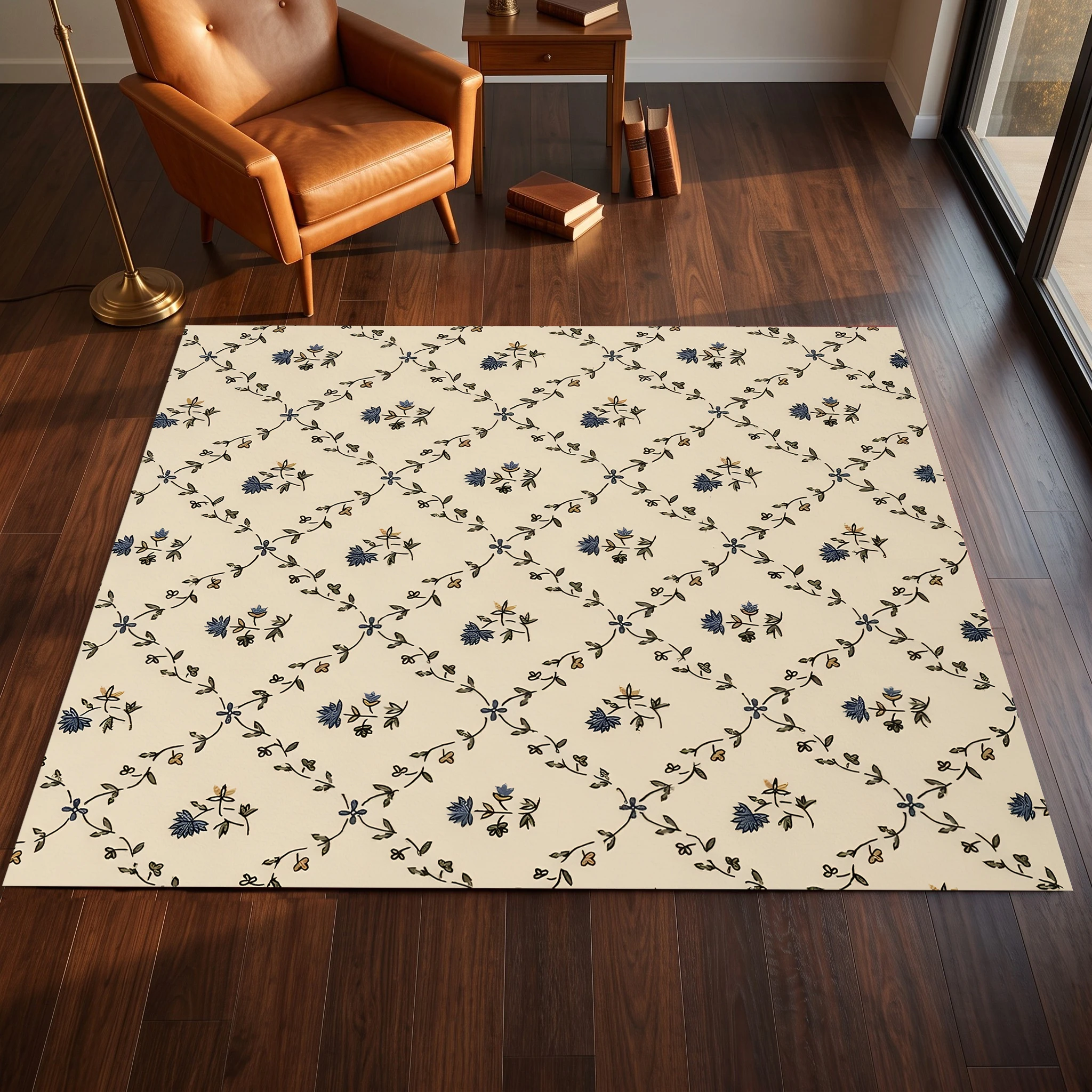 2D Carpet with Light Background and Small Floral Pattern in French Retro Style for Living Room and Bedroom