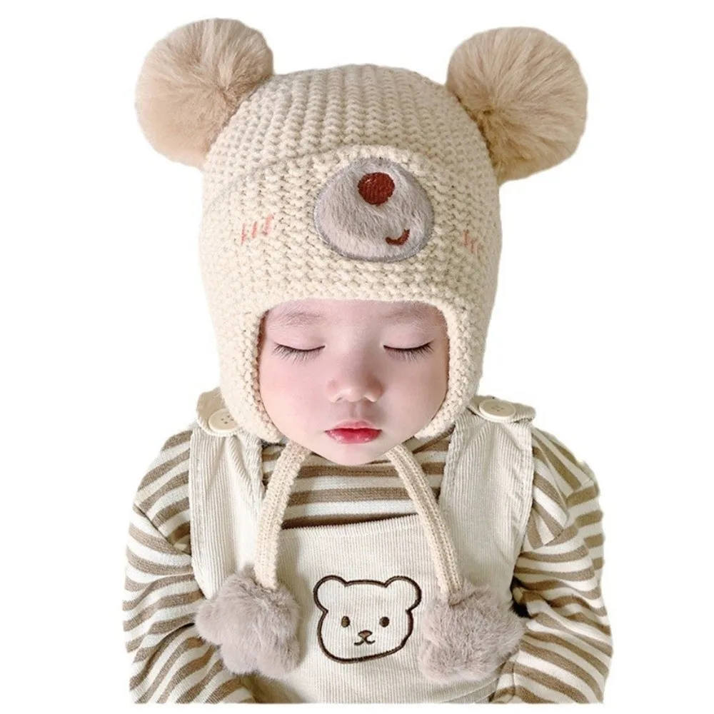 

Новый милый пуловер с медведем, теплая ветрозащитная шапка для защиты ушей, морозостойкая плюшевая вязаная шапка с помпоном, От 1 до 5 лет