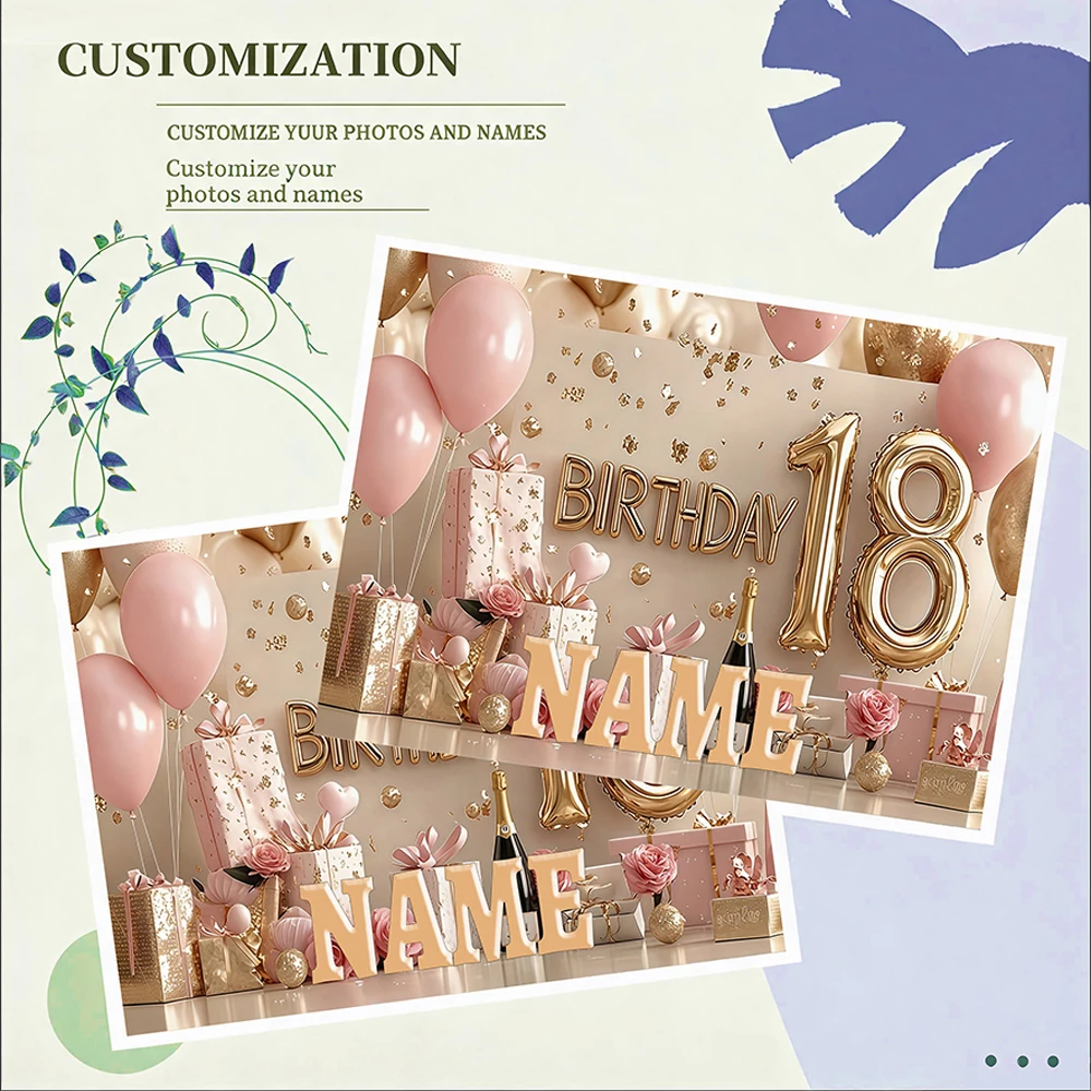 1PC Personalized Pink Gold 18th Birthday Tapestry Custom Name Balloon Champagne Wall Hanging Girls Bedroom Celebration Decor