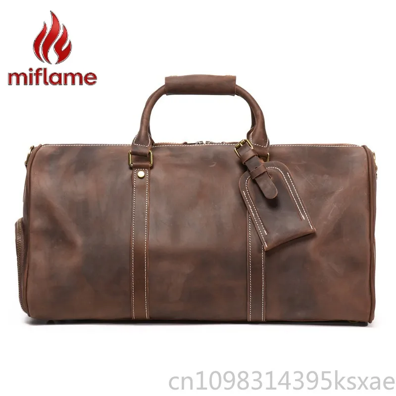 

Men's Handmade Crazy Horse Top Grain Leather Travel Duffel Bag Weekender with Crossbody Shoulder Strap and Luggage Sleeve