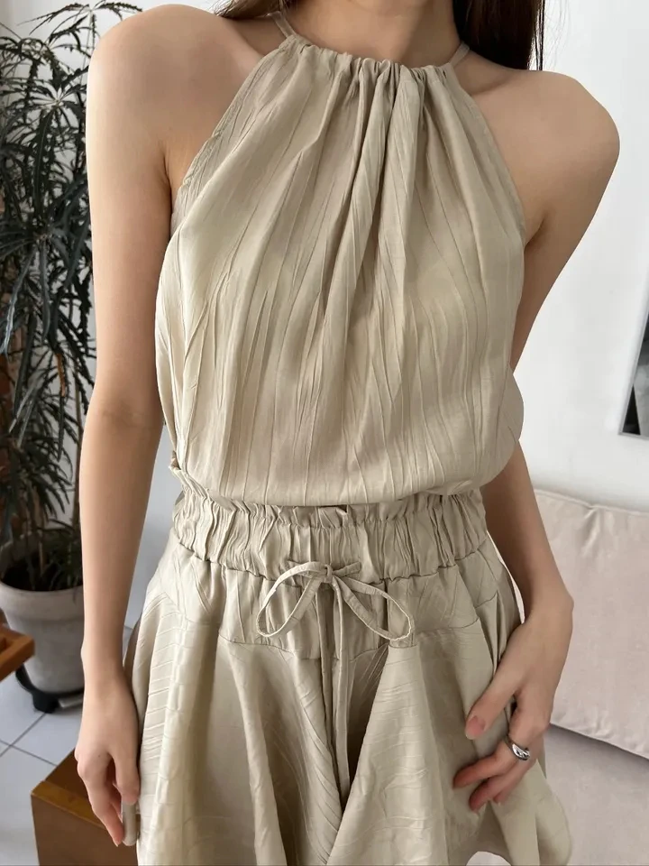 Haut court Sexy et polyvalent pour femmes, avec cordon de serrage, bourgeon de fleur, jupe taille haute, ensemble assorti