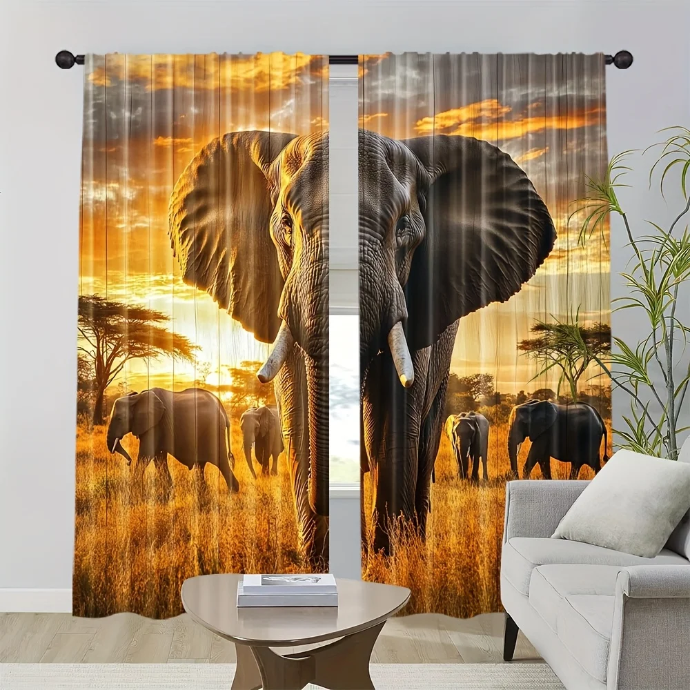 2PCS Animal Curtains, Elephant Grassland Sunset, Digital Print, Bedroom Living Room, Office, Kitchen, Window Treatment