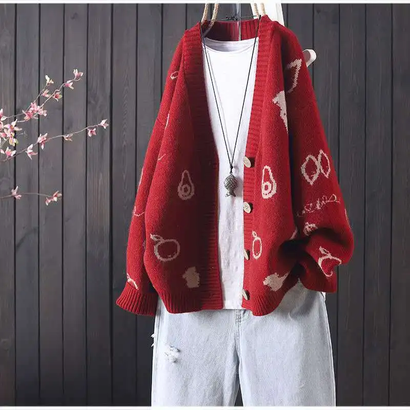 Clothes for Women Autumn Winter Trendy Vintage Jacquard Single Breasted Cardigan Female V Neck Long Sleeve Loose Knitted Sweater