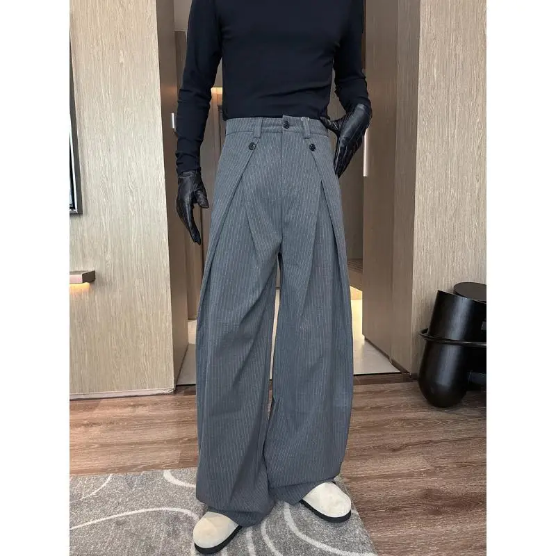 Men's Vertical Stripes Grey Casual Pants Office Boy Straight Sweatpants Fashion Unisex Streetwear Male Wide Legs Trousers