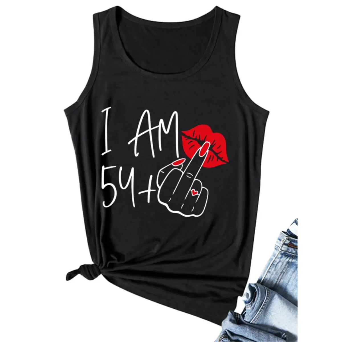 Women's Tank Top I Am 59+1 60th Birthday Middle Finger Sleeveless TShirt Ladies Birthday Gift Red Lips Graphic Women's Vest