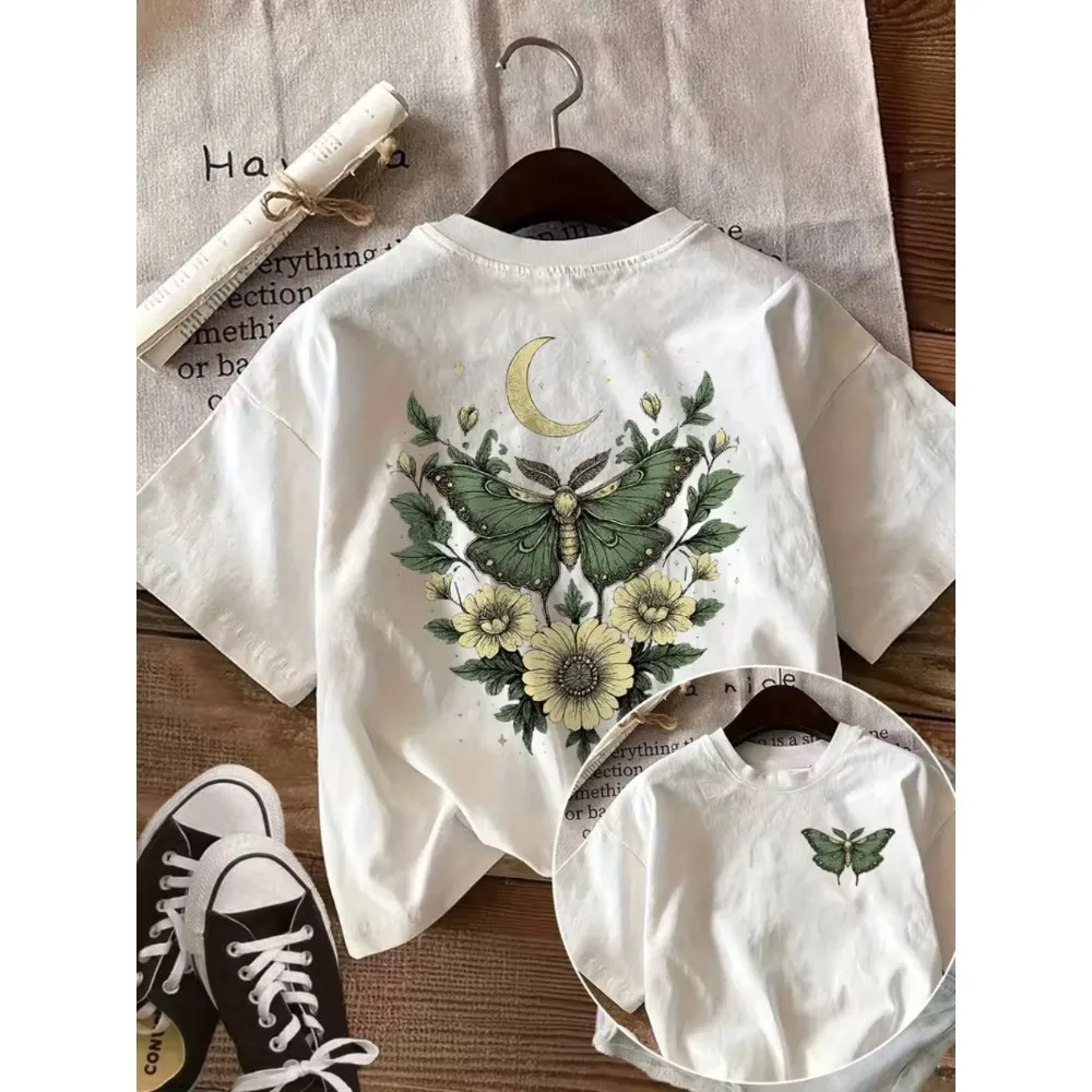 Luna Moth Sunflower Crescent Moon Graphic T-Shirt Casual Crew Neck Short Sleeve Boho Celestial Botanical Print Casual Daily Tops