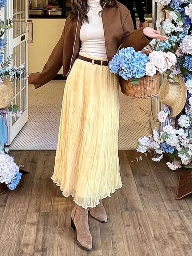 

Women Crinkle A-line Midi Butter Yellow Skirt Elastic Waist Spring Summer Holiday Elegant Skirts 2025 faldas mujer OIOH