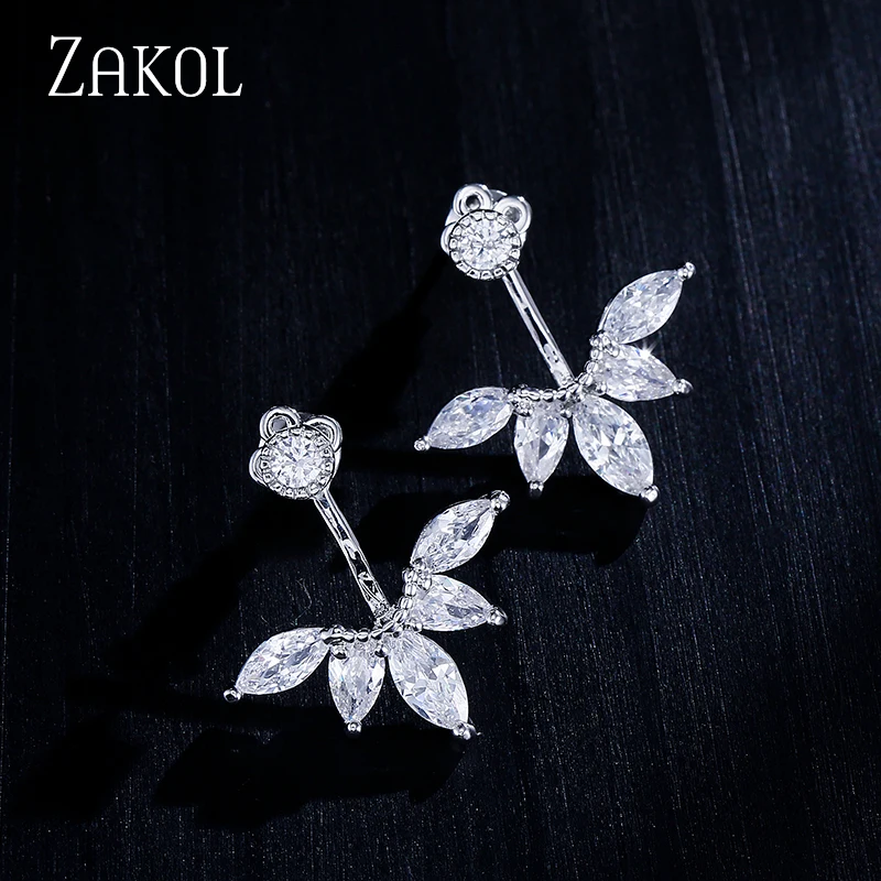 ZAKOL Fashion Leaf Stud Earrings For Women Girls Simpe Cubic Zircon Earring Jackets Jewelry Party Jewelry