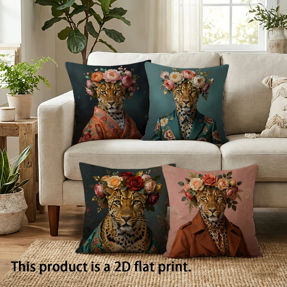 1/4pcs Leopard-Printed Cushion Covers with Floral Crowns Sofa cushion cover home bedroom room decoration