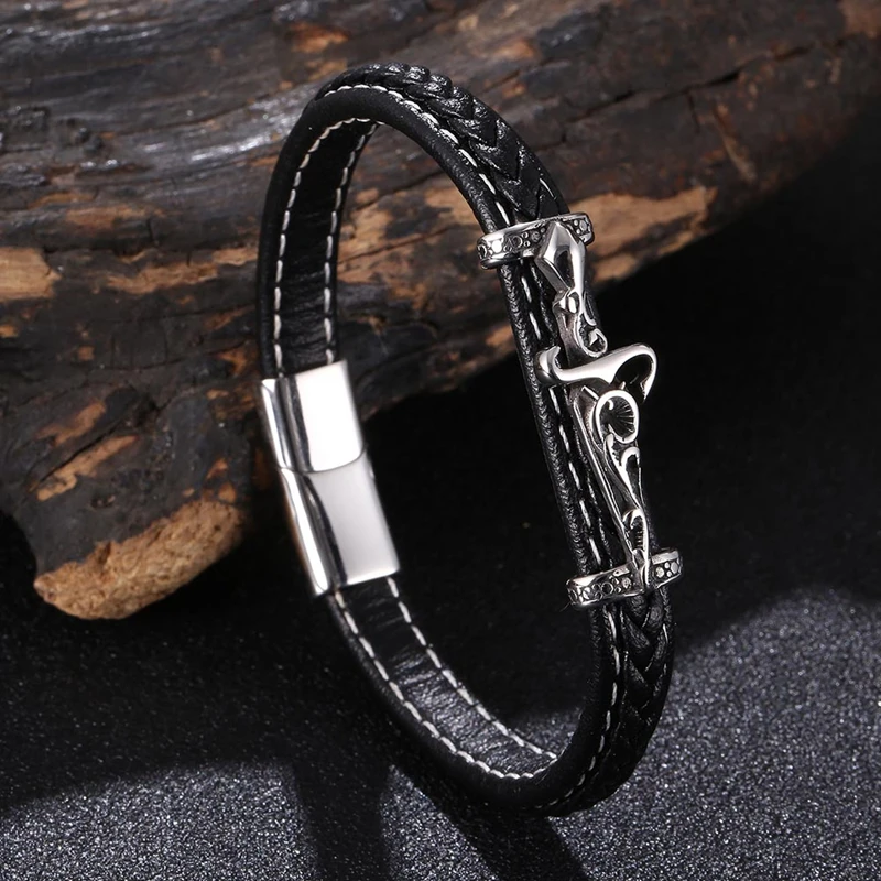 

Punk Stainless Steel Braided Men Leather Bracelet Men's Leather Rope Spliced Titanium Steel Bangle BB1228