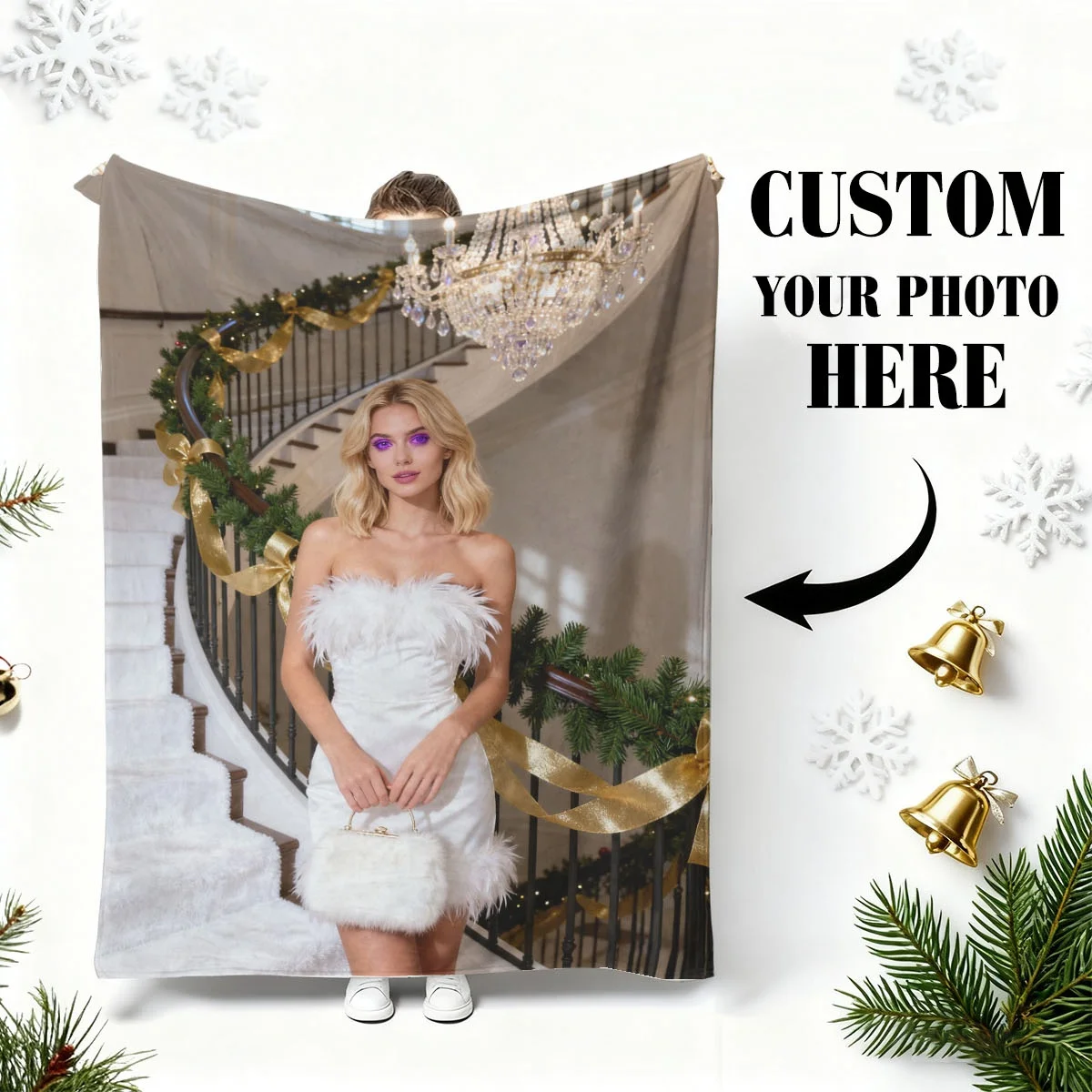 1 Stück maßgeschneiderte Weihnachts-Familienfoto-Flanelldecke – hochauflösender Druck, das nicht verblasst, leicht, warm, hautfreundlich, maschinenwaschbar, geeignet für Wohnzimmersofas,