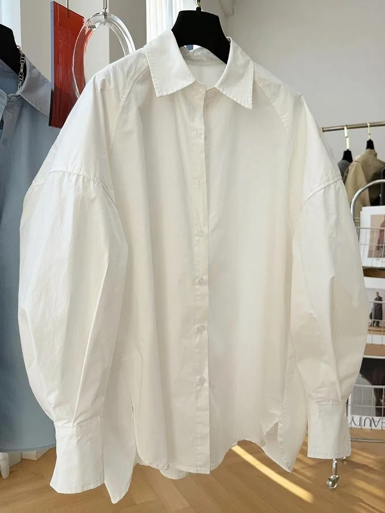 

2025 Winter Basics Casual Fashion Solid White Shirt Women's Simple Turn-Down Collar Long Sleeve Blouse Loose Single Breasted Top