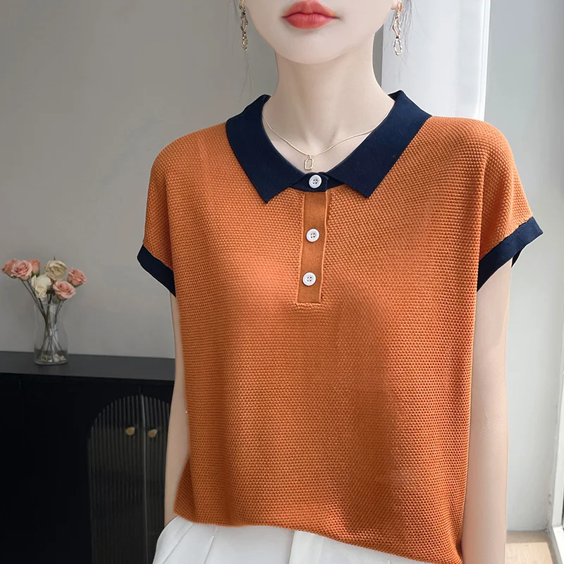 

Summer New Ladies Short Sleeve Women's POLO Neck Sweater Button Loose Half Sleeve T-shirt Top