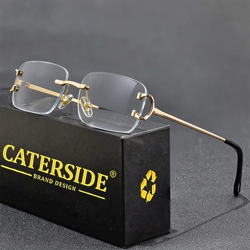 CATERSIDE Blue Rectangular Sunglasses Men Rimless Metal Fashion Square Sun Glasses For Women Gradient Lens Outdoor Eyewear UV400