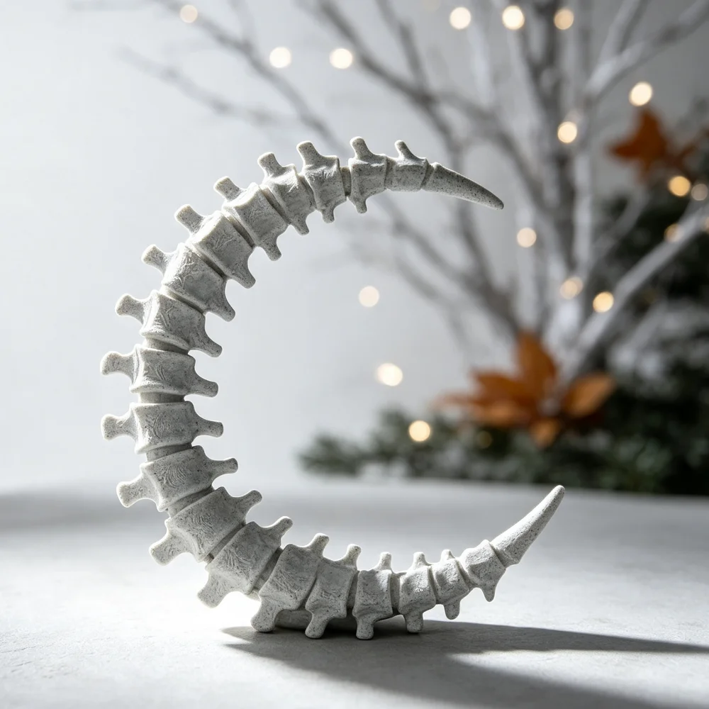 3D Printed Crescent Curved Vertebrae Statue Unique Organic Shape Display For Halloween Spooky Room Decor