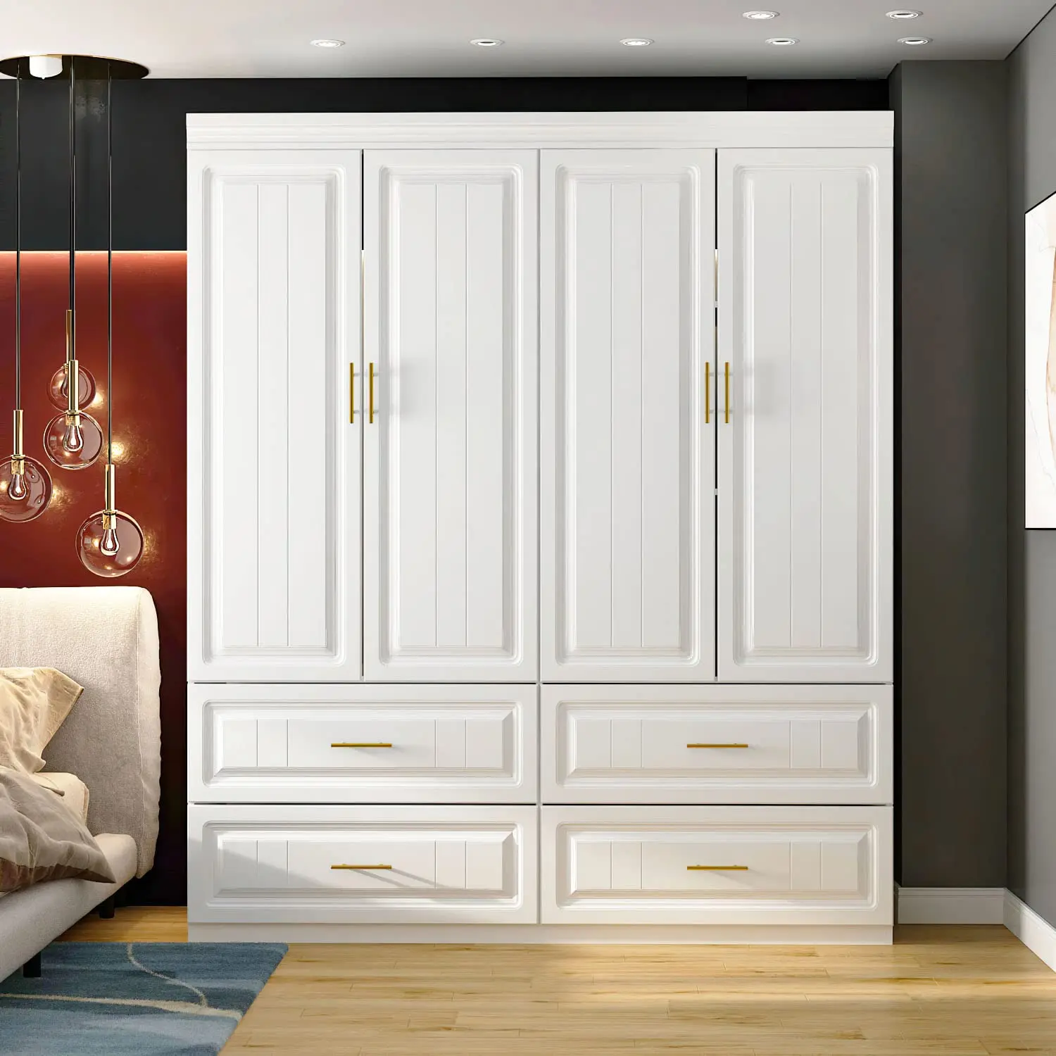 4-türiger Kleiderschrank mit Schubladen und Kleiderstange, freistehender Schlafzimmerschrank, 20,6 Zoll Tief x 63 Zoll Breit x 74,2 Zoll Hoch, individuell anpassbar