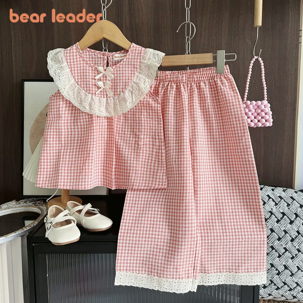 Bär Führer Sommer Rosa Gitter Gedruckt Süße Kinder Kleidung Mädchen Set Mode Street Style Kind Sets Ärmelloses Top und Hosen