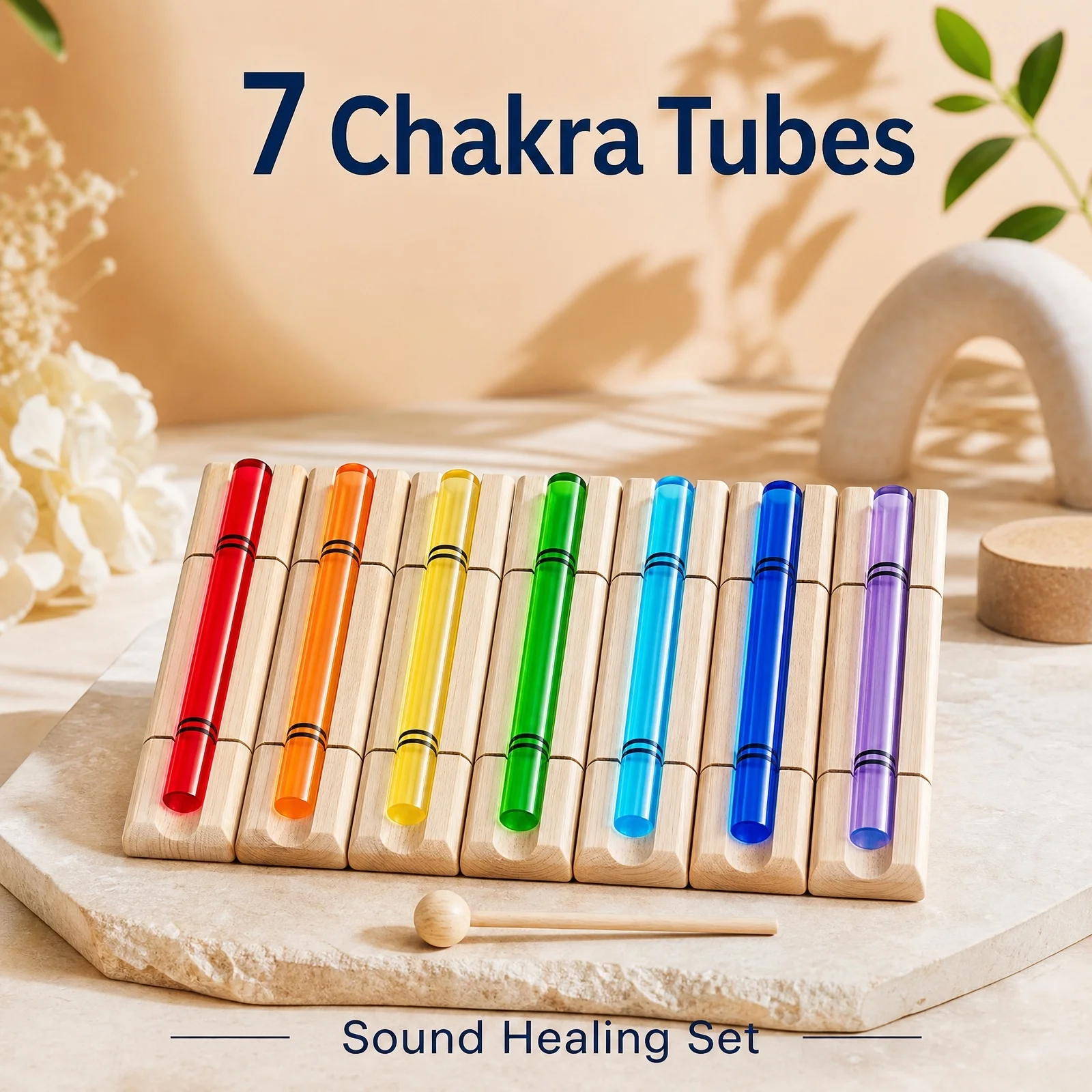 STAR LINKUP 7 Chakra Quartz Sonic Rod Set with Wooden Resonance Base Sound Healing Instrument for Yoga Meditation Sound Bath
