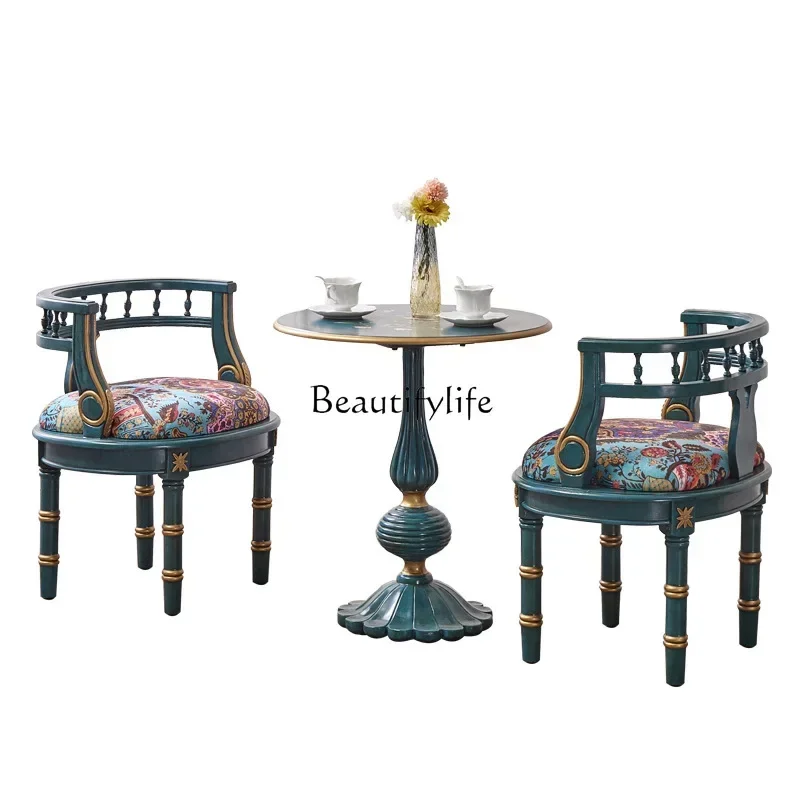 35Living room balcony one table and two chairs combination French retro painted furniture blue sofa chair round table coffee tab