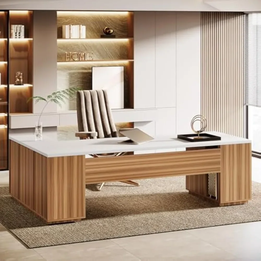 

85.8" L-Shaped Executive Desk, Extra Large Office Desk with File Drawers, Modern Business Furniture, White & Brown