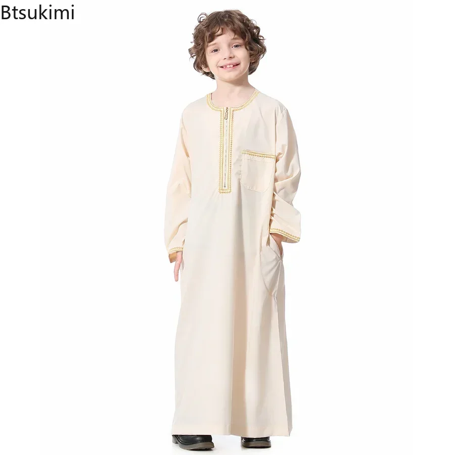 New2024 Dubai Arab Muslim Kids Boys Clothes Abaya Caftan Robes Islamic Ramadan Clothing Oman Arabic Qatar Child Kaftans Costumes