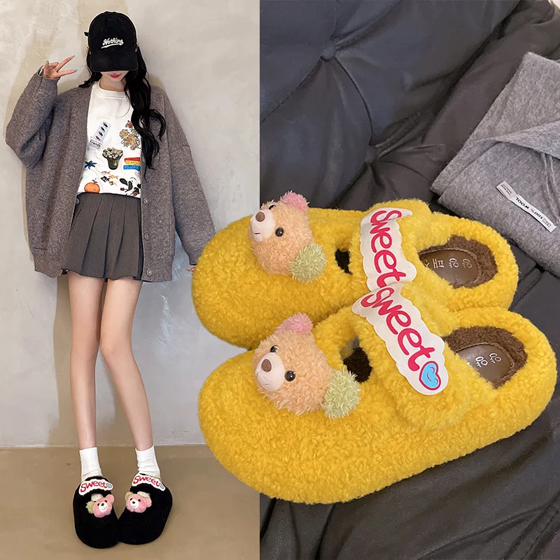 

Adorable 2025 Bear Slippers for Women Plush Animal Design Platform Closed Toe Non-Slip Indoor Outdoor House Shoes