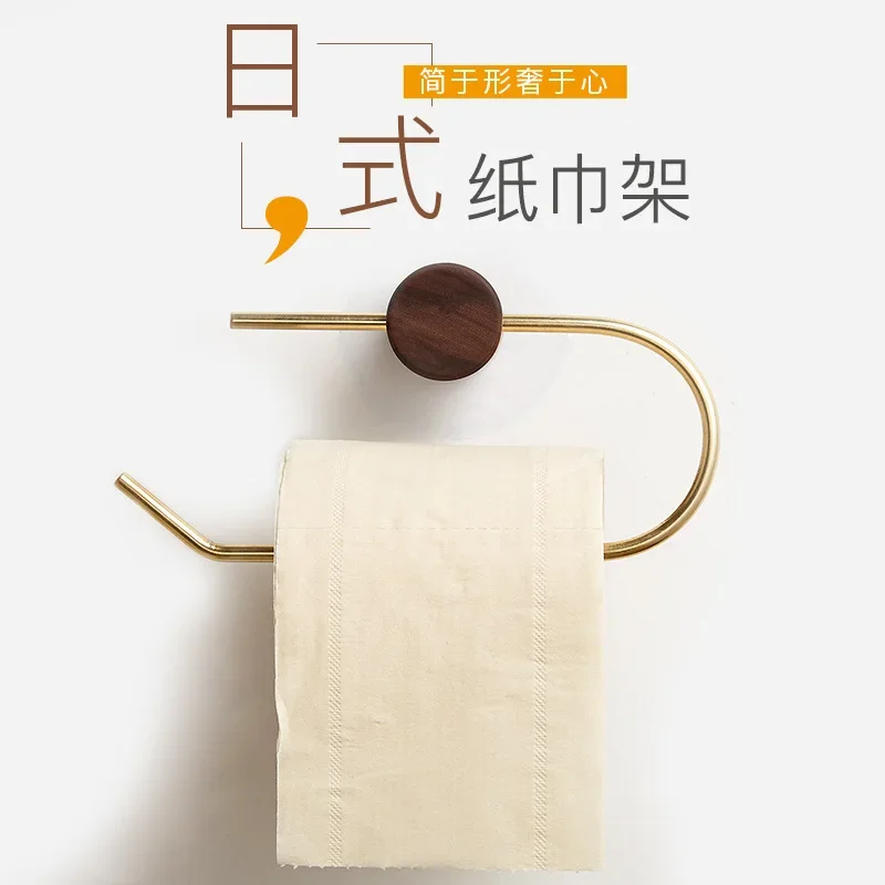 Wood Toilet Paper Holder No Drill Kitchen Storage Brass Towel Hanger Bathroom Accessories Self-Adhesive Wall Mounted Tissue Rack