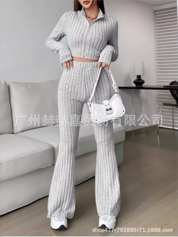 Fashion Solid Color Knitting Pants Sets Women Slim Long Sleeve High Neck Cropped Top High Waist Trousers Two Piece Set Female