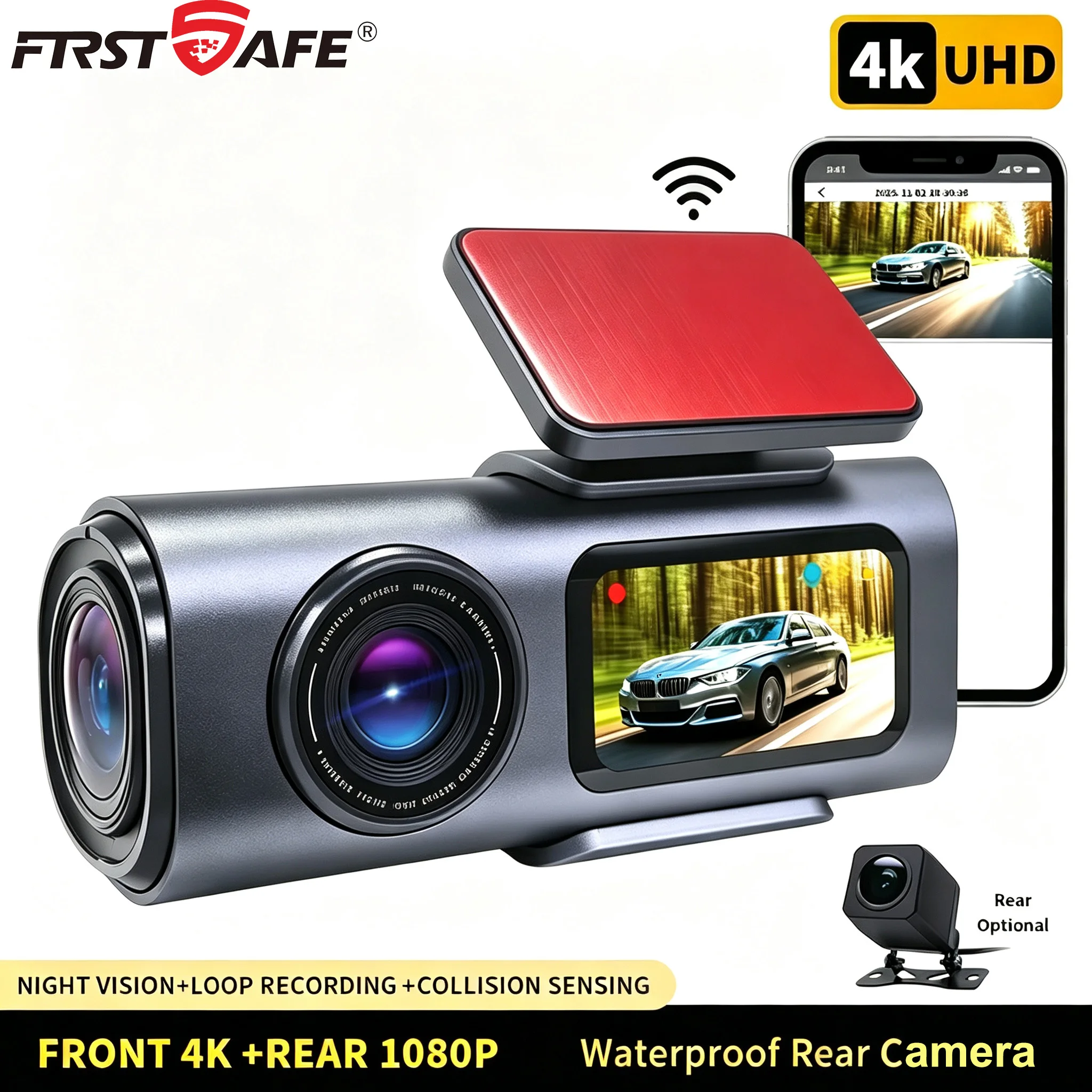 UHD Dashcam Dash Cam 4K WiFi Car Dash Cams DVR Front Rear Dual Lens Auto Car Camera Night Vision 24H APP Control Parking Monitor