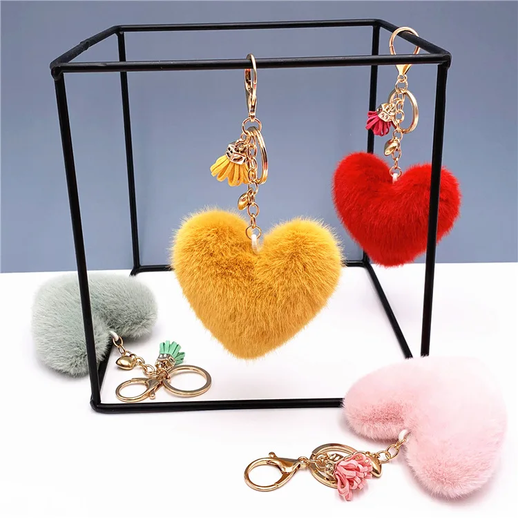 Colourful Love Heart Mink Fur Keyring Cute Soft Heart Plush Stuffed Toy Car Backpack Charm Keyring For Birthday Xmas Gift