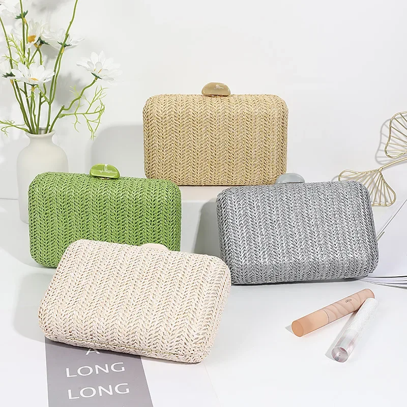 Simple Design Banquet Woven Bag Formal Dress Matching Crossbody Hand Bags Evening Bag Straw Green Beige Color Silver Clutch