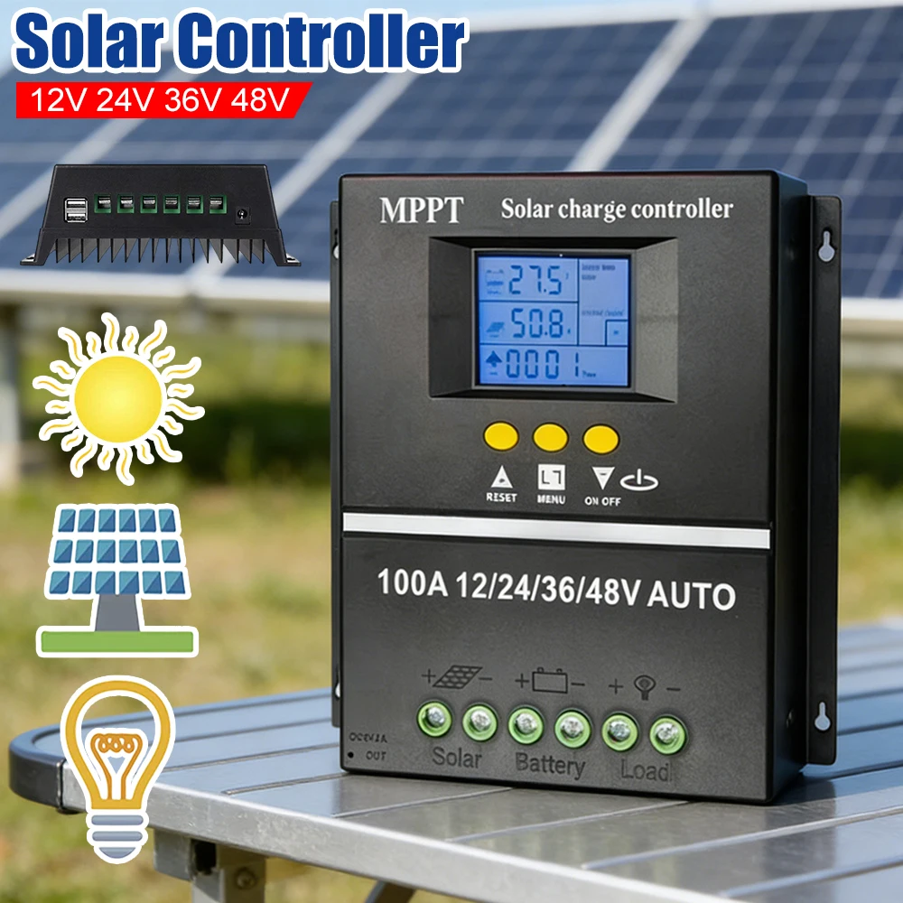

Контроллер заряда солнечных батарей MPPT 100А с ЖК-дисплеем, автоматический, с двумя USB-портами для солнечных панелей