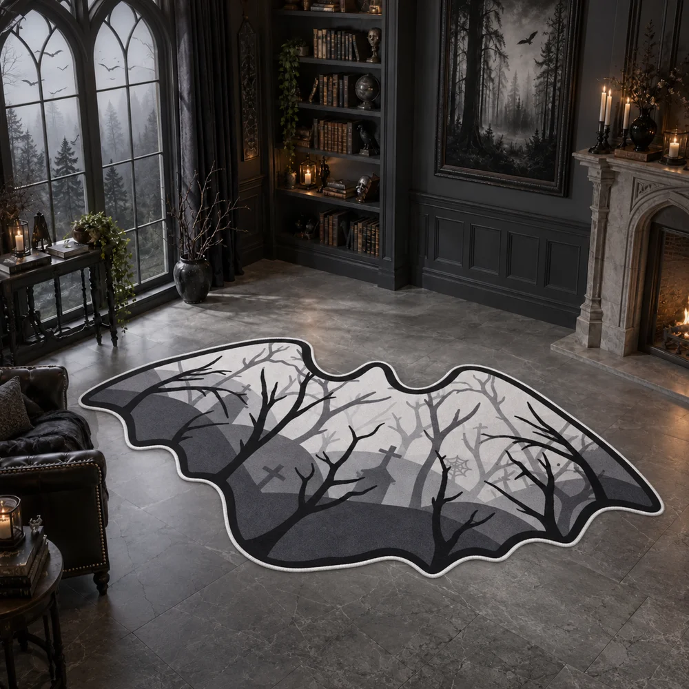 Gothic Bat Shaped Flannel Area Rug Haunted Forest Print Floor Mat for Bedroom Living Room Entryway Halloween Home Decor Gift