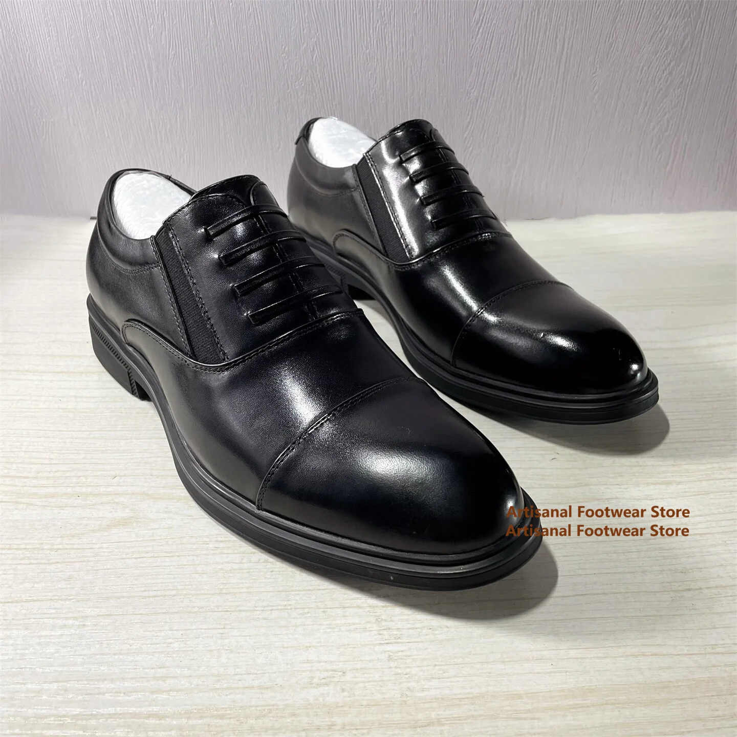 Men's Black Gloss Polished Leather Oxford Shoes Elastic Side Comfort Formal Dress Footwear for Wedding Office Trendy Men's Shoes