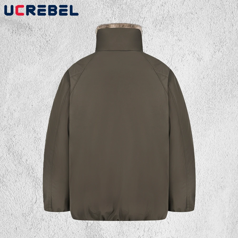 Pocket Spliced Padded Jacket Mens Winter Thick Retro Streetwear Fur Collar Long Sleeve Warm Quilted Jacket Man