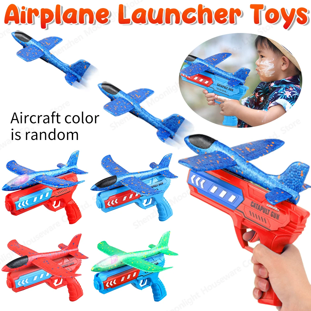 Airplane Launcher Toys Children Foam Plane Launcher Shoot Roundabout Plane Catapult Gun Toy Outdoor Sports Flying Toy Kids Gift