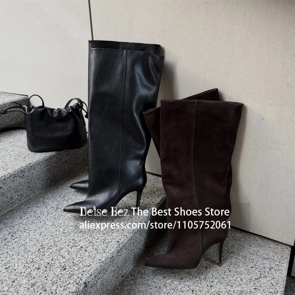Faux Suede Pointed Toe Wide Shaft Knee Boots Pull On Pointed Slim Heel Winter Boots Elegant Suede Straight Shaft Calf High Boots