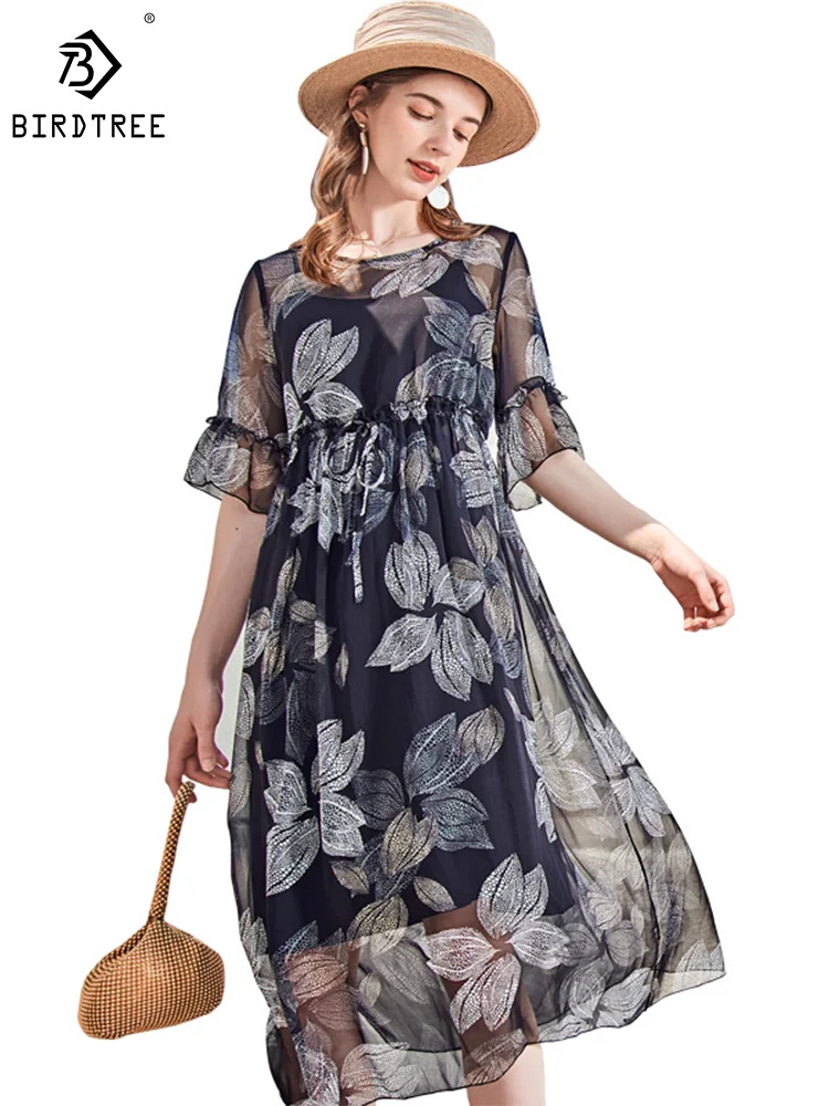 

Birdtree 100%Natural Silk Beach Dresses Woman Ruffles Print Commuting Two Piece Set Dress Vacation Party Summer Autumn D38555QM