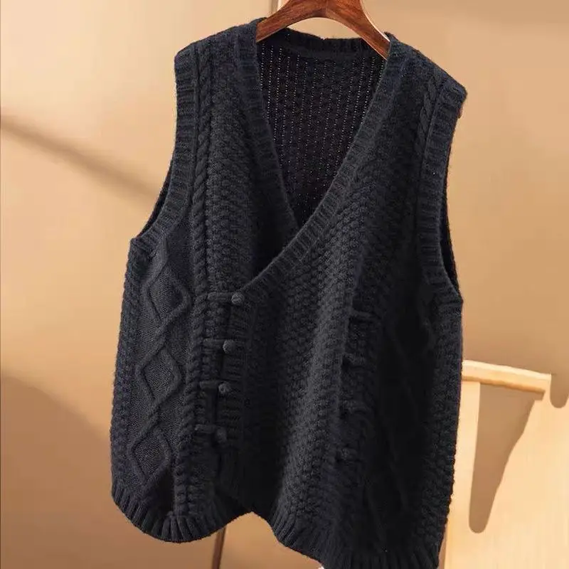 Retro Double Breasted Knitted Cardigan Vest Women\'s Spring and Autumn V-neck Sleeveless Sweater Tank Top Overlay Loose Top