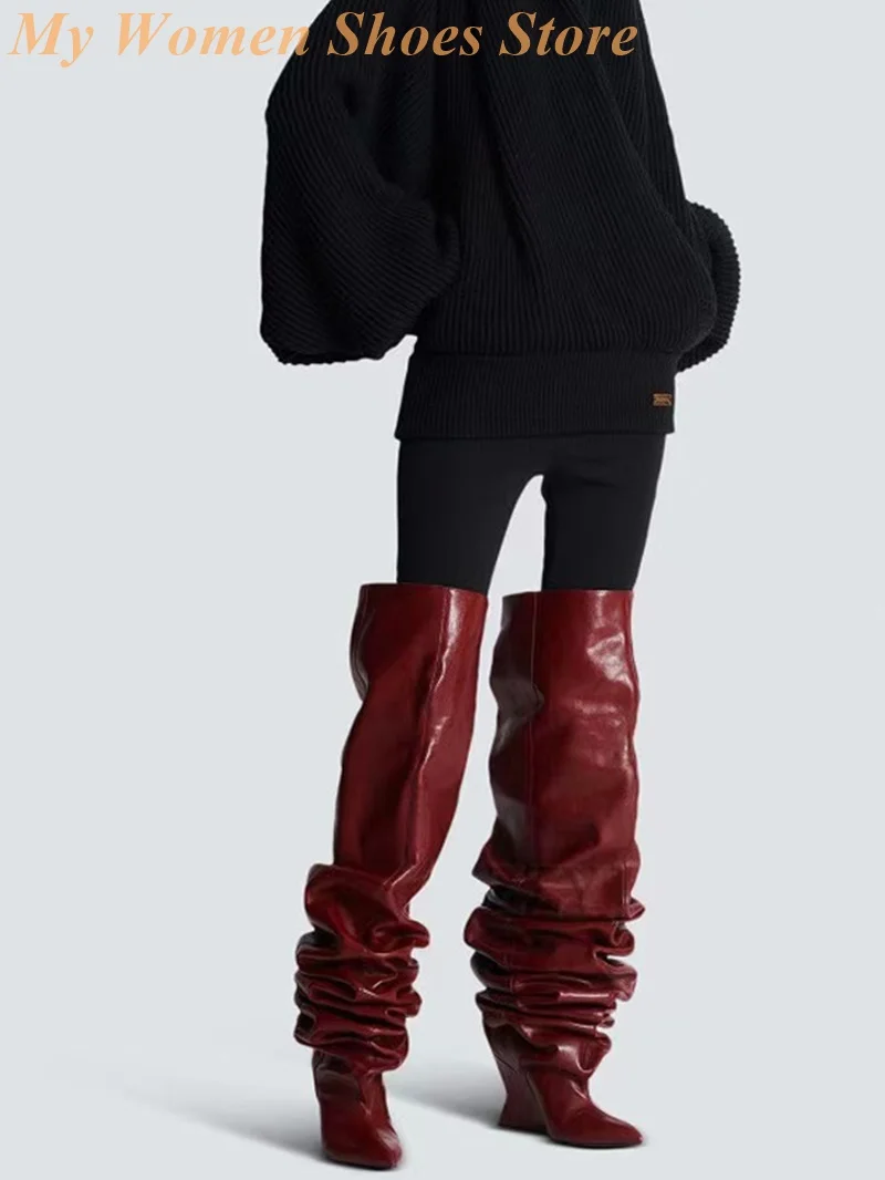 

Burgundy Thigh High Slouchy Boots Sexy Pointy Toe Over The Knee Wedges Runway 2026 Winter Autumn New Arrivals Dress Shoes