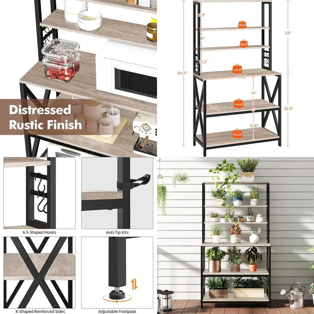 

6-уровневая кухонная полка для хранения, журнальный столик 31,5, компактная подставка для микроволновой печи в фермерском доме, угловая полка-органайзер для специй и кастрюль, серая