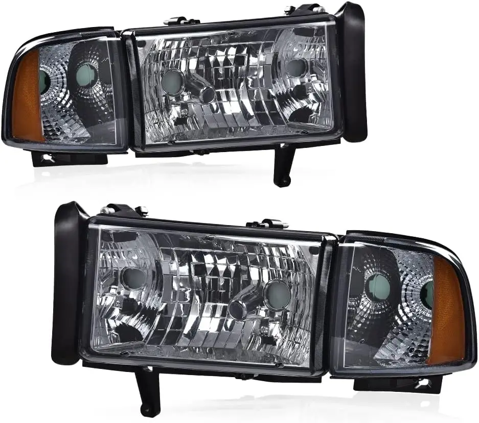 Headlights, Compatible with Dodge Ram 1500 2500 3500 1994 1995 1996 1997 1998 1999 2000 2001 2002 Black Housing Clear Corner Hea